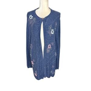 VINTAGE LINDEN HILL Women's 3X Knit Cardigan Sweater Blue Floral Cottage Granny